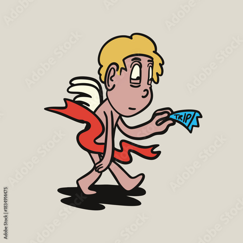 angel character holding tiket to vacation for clothing print