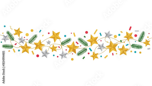 Gold and silver star garland with confetti and spruce branches