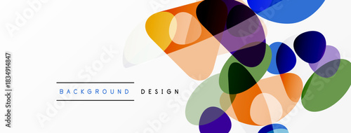 Abstract colorful shapes overlap white space. Modern design elements create dynamic visual texture. Simple text labels background, design.