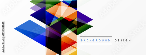 Abstract geometric shapes overlap, creating vibrant color blocks. Modern design elements suggest depth, texture, visual interest.