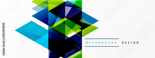 Abstract geometric shapes overlap, creating vibrant blue, green tones. White space provides clean contrast. Modern design element.