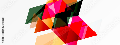 Abstract geometric shapes overlap. Vivid colors create dynamic composition. Triangles dominate design, offering modern aesthetic.