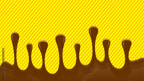 Hot chocolate drip illustration. Melting chocolate  on waffle background. Drippy ice cream vector design. Wavy choco melt border. Brown chocolate drips illustration.
