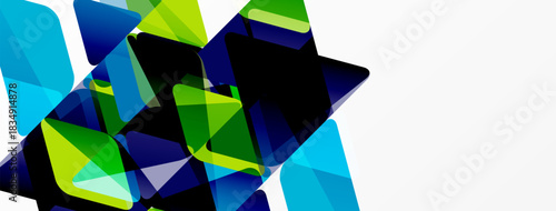 Abstract geometric shapes overlap, creating dynamic composition. Blue, green, black hues dominate white background. Modern design element.