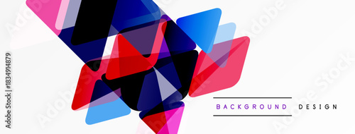 Abstract geometric shapes overlap, creating vibrant color gradients. Modern design elements suggest dynamic composition, clean aesthetic.