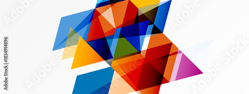 Abstract geometric shapes overlap, creating vibrant colorful composition. Bright triangles dominate design, offering modern aesthetic.