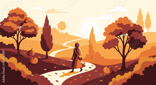 Serene autumn landscape with a person walking on a winding path.