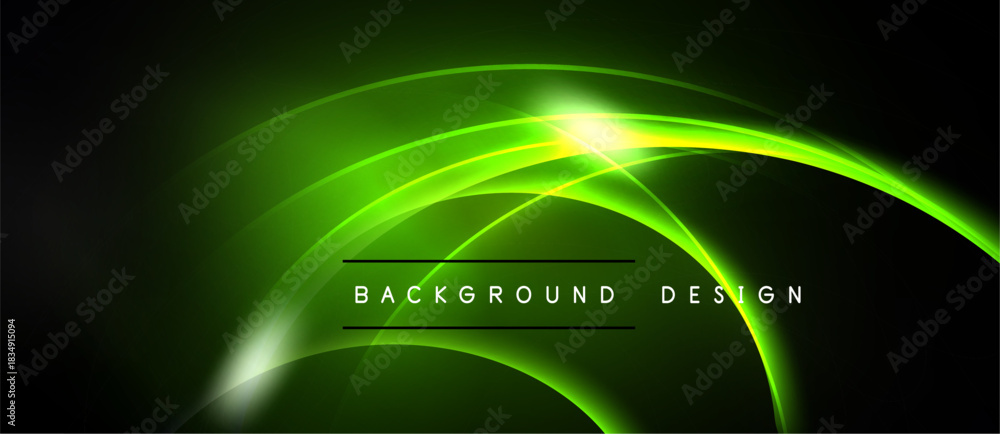 Fototapeta premium Dark backdrop features vibrant green neon curves. Bright light radiates from central point, creating dynamic visual effect. Text reads background design.