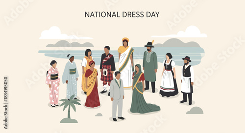 Diverse group of people in traditional clothing celebrating National Dress Day.