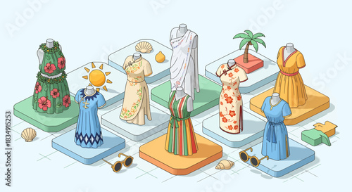 Fashionable dresses on digital platforms with various designs and patterns.