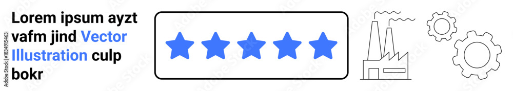 Obraz premium Customer satisfaction, quality assurance, product ratings, manufacturing standards, industrial processes, performance evaluation. Blue five-star rating with factory and gear icons. Customer