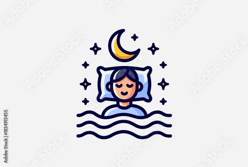 Vector illustration of a person sleeping peacefully under a crescent moon and stars, symbolizing relaxation, rest, and sweet dreams.  

