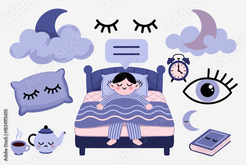 Vector illustration of a person sleeping in bed surrounded by bedtime elements such as moon, pillow, clock, and tea, symbolizing relaxation.  
