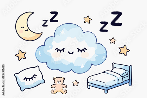 Adorable vector illustration of a sleeping cloud with moon, stars, teddy bear, and bed, representing peaceful rest and dreams.  
