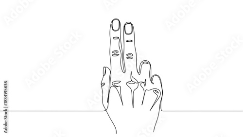 Abstract line drawing of hand making peace sign on white background  