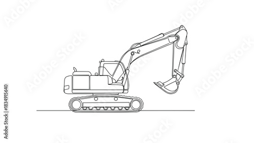 Excavator construction equipment in minimalist line drawing style  