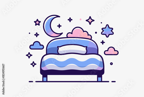 Colorful vector illustration of a dreamy bed surrounded by moon, stars, and clouds, symbolizing calm sleep and peaceful dreams.  

