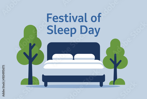 Flat vector illustration of a cozy bed with pillows and trees around it for Festival of Sleep Day, symbolizing rest and relaxation.  
