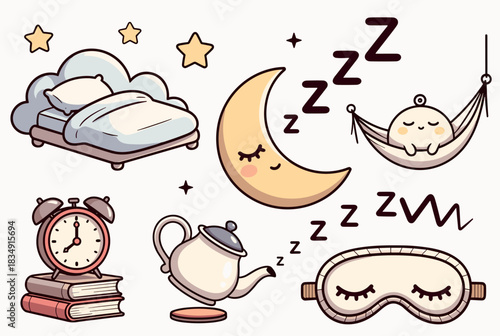 Cute sleep elements with moon bed and teapot vector  
