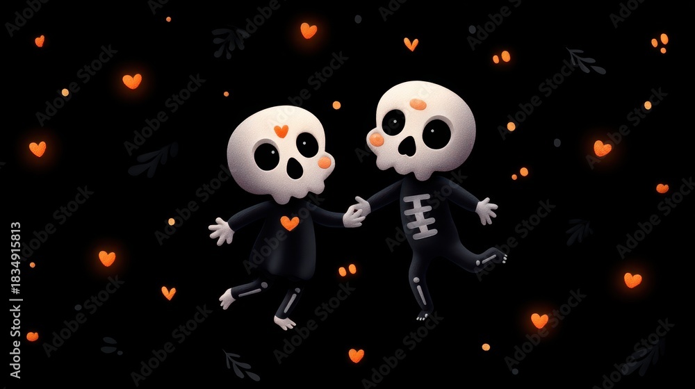Naklejka premium Cute Cartoon Skeletons Dancing Together with Hearts and Dark Background