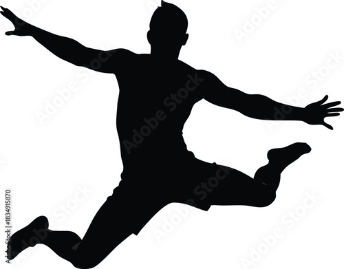 A silhouette of a man jumping with arms outstretched in a dynamic pose