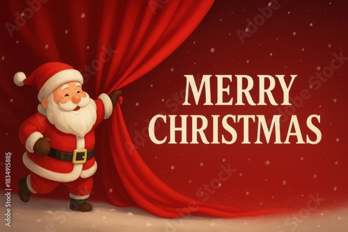 Delivery christmas gifts Merry Christmas greeting with cheerful Santa Claus pulling back curtain, creating festive atmosphere