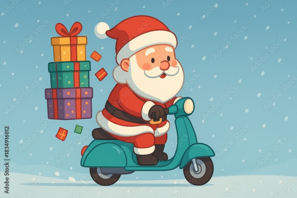 Obraz premium Delivery christmas gifts Santa Claus rides scooter delivering colorful gifts in snowy winter scene, spreading holiday cheer and joy