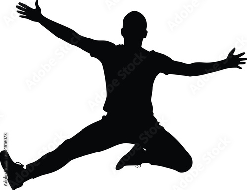 A silhouette of a man jumping with arms outstretched in mid air