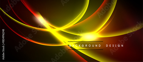 Abstract design features vibrant curves, golden hues, dark background. Dynamic lines create energetic visual impact. Modern aesthetic.