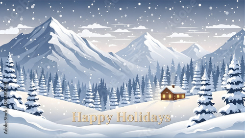 Winter Wonderland Retreat: A tranquil winter scene unfolds, showcasing snow-covered mountains, evergreen trees, and a cozy cabin warmly lit against the frosty landscape.