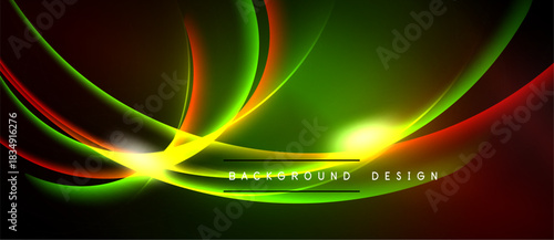 Dynamic abstract design features vibrant curves, flowing lines. Bright colors blend, creating energetic visual impact. Dark background emphasizes luminosity.