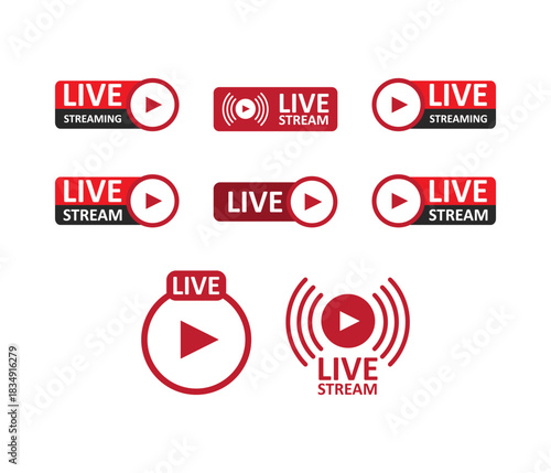 Set of modern vector illustrations showing various designs of LIVE stream badges and real-time broadcast indicators.