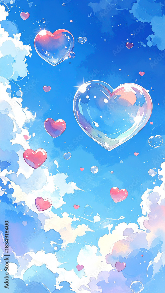 Fototapeta premium Blue sky watercolor background with glossy heart bubbles, Vertical illustration