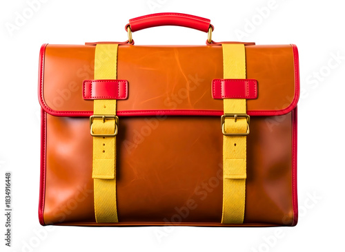 Wallpaper Mural Elegant brown leather briefcase with vibrant red handle and yellow straps against a white backdrop. isolated on transparent background Torontodigital.ca