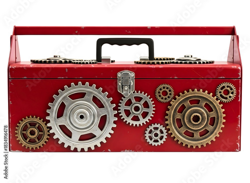 Wallpaper Mural A bright red metal toolbox featuring decorative gears against a white background isolated on transparent background Torontodigital.ca