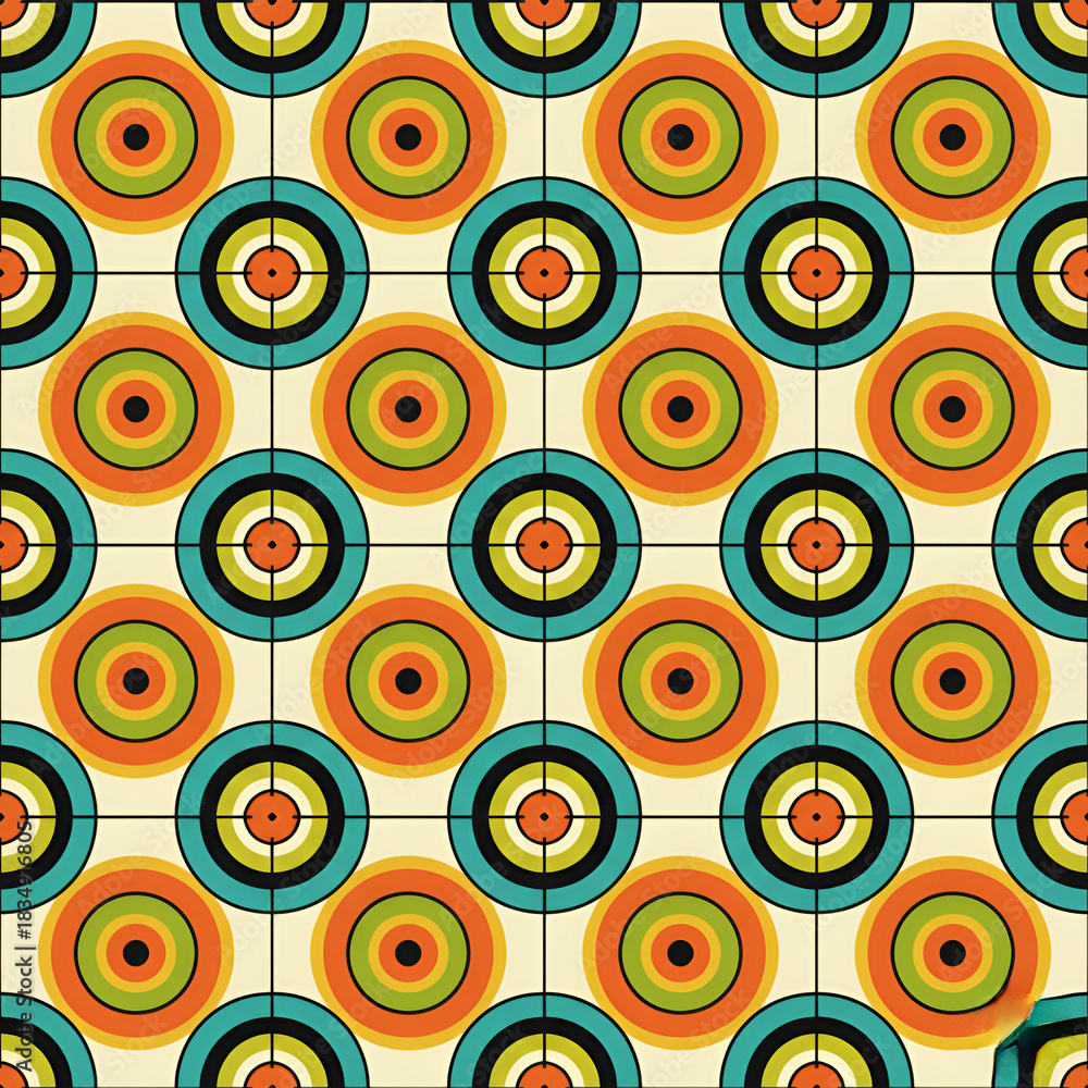 Fototapeta premium Retro target pattern seamless vector design with concentric circles vintage style background for textiles and wallpaper