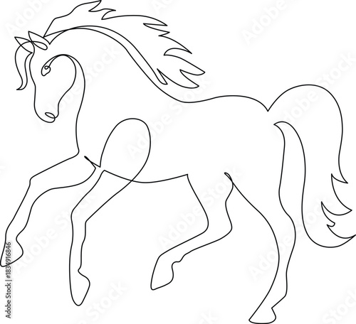 Elegant horse in continuous line art, dynamic pose, simple animal outline design Vector