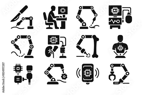 Icon arm suture surgery organ robotic guide ai cutter vector robot icons