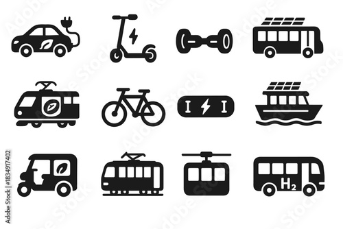 Cable eco hydrogen icons bike transport car tram ferry icon vector electric