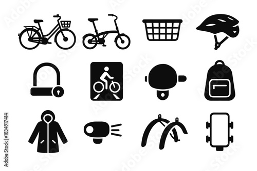 Raincoat lock biking urban vector icons holder helmet folding bell icon city