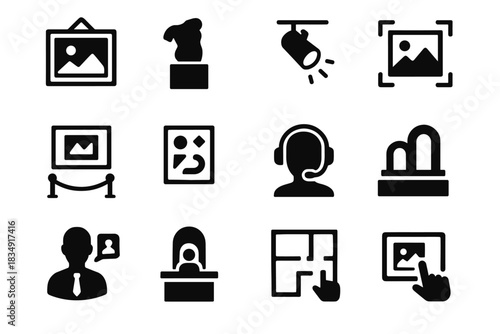Augmented framed curator icons art touchscreen gallery hall tour vector sculpture icon