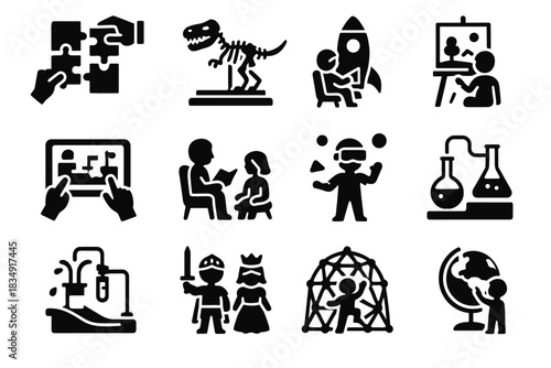 Puzzle vr children screen touch costumes icon globe museum rocket vector s