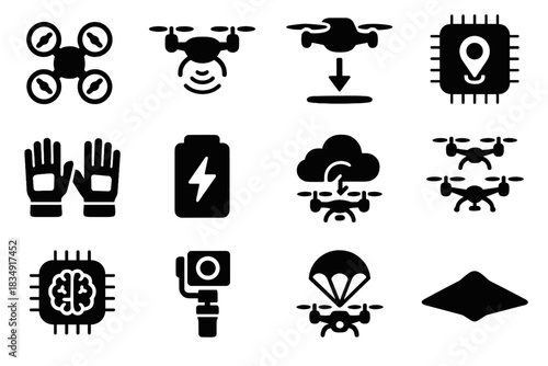 Emergency obstacle parachute icon navigation set gloves sensor vector cloud drone