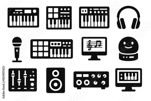 Keyboard pad vector sheet headphones orchestra icon assistant interface icons virtual recording
