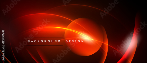 Abstract red neon lines form dynamic curves. Background features glowing shapes, modern design elements, dark space.