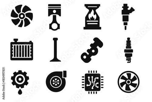 Components assembly piston blade radiator icon injector control engine vector virtual fan