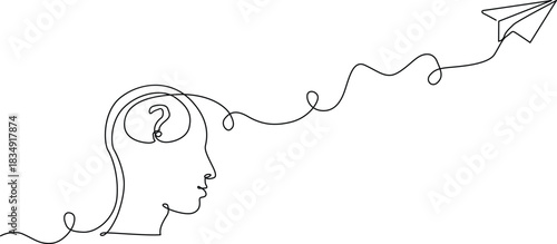 Mind with question mark evolving into a creative idea paper airplane on white Vector