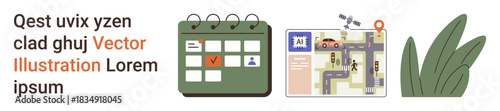 Time management, trip planning, navigation systems, scheduling, organizational tools, eco . Calendar with icons, map with road and vehicle markers leaves. Time management and navigation concepts