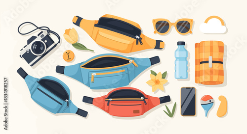 Flat lay illustration of colorful fanny packs and essential travel accessories for a journey.