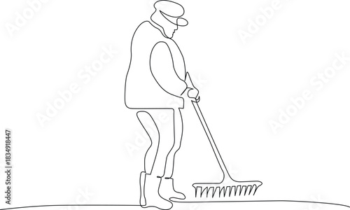 Minimalist continuous line art of a groundskeeper raking leaves outdoors. Vector
